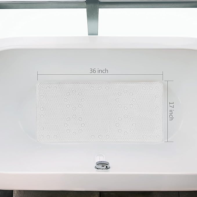 Shower and Bath Mat,Non-Slip Machine Washable and Extra Large Bathtub Mats with Drain Holes and Suction Cups Soft Foam Tub Mats-36” X 17”,White