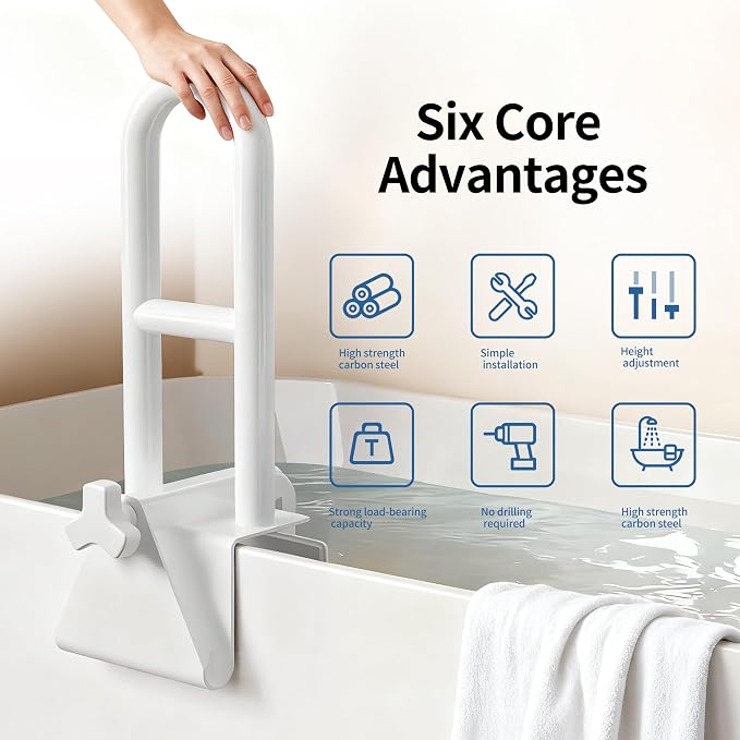 Bathtub Handle and Grab Bar, Bathtub Safety Rail with Non-Slip Grip for Seniors, Elderly, Fits 3.1 to 6.7 Inch Tub Walls, Supports 300 lbs