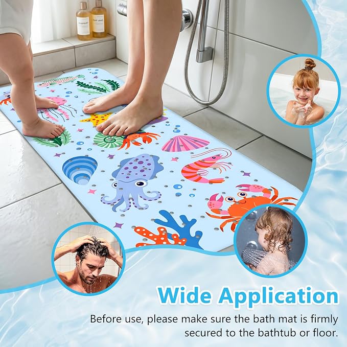 Bath Mats for Tub Kids Baby, Large Cartoon Sea Baby Bathtub Mat Non Slip, Machine Washable, 40"x16" Long Tub Mats with Suction Cups & Drain Holes, Non Slip Baby Shower Mat for Toddler(Sea Animal)