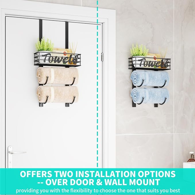 HapiRm Towel Racks for Bathroom Storage - 3 Tier Over The Door & Wall Mount Rolled Towel Storage Organizer Holder with Metal Shelf Basket for Small Bathroom, Camper, Rv - Black, Patented
