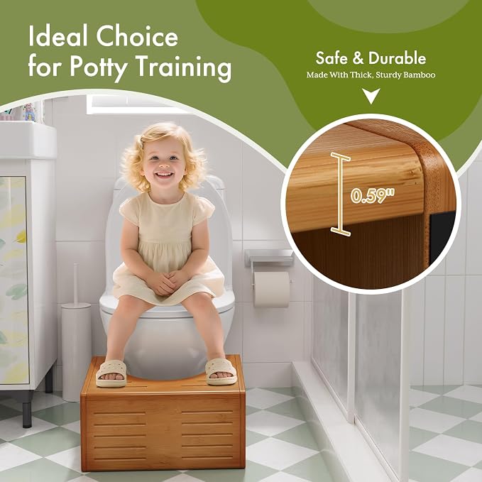 AmazerBath Toddler Toilet Step Stool, 3-in-1 Bamboo Toilet Squat Stool for Adults, 0.59" Thickness One Step Non-Slip Baby & Kids Potty Poop Stool for Bathroom Sink, Counter, Bedroom, Closet, 9"