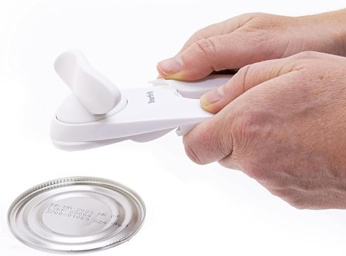 Starfrit Little Beaver Can Opener, Safe, Holds Lid and Leaves No Sharp Edges on Lid, Comfort Grip, 3-Year Warranty, White