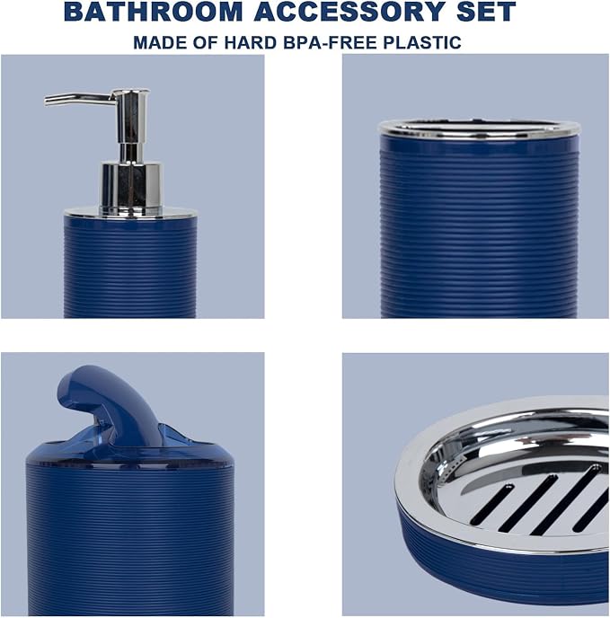 CERBIOR Bathroom Accessories Set 6 Piece Bath Ensemble Includes Soap Dispenser, Toothbrush Holder, Toothbrush Cup, Soap Dish for Decorative Countertop and Housewarming Gift (Blue)