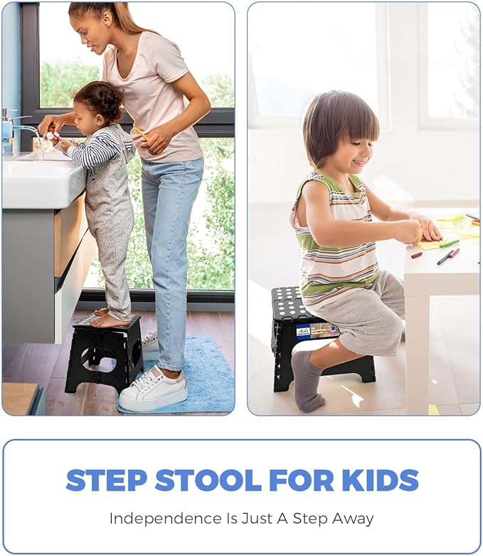 ACKO 11 inch Folding Step Stool Lightweight Plastic Step Stool - 2 Pack - Foldable Step Stools for Adults,Non Slip Folding Stools for Kitchen Bathroom Bedroom (Black, 2 Pack)