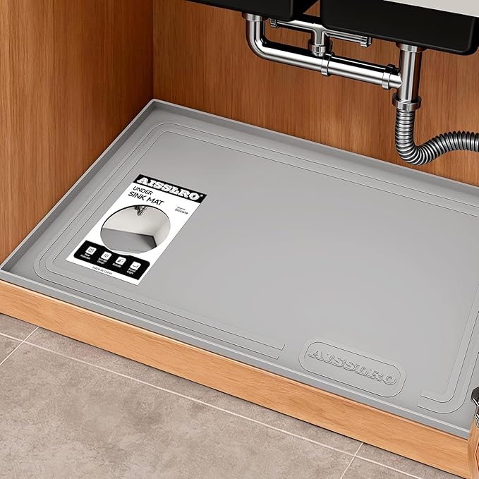 Aisslro Under Sink Mat 34" X 22", Waterproof Silicone Cabinet Organizer Protector with Raised Edge, Kitchen & Bathroom Leak Tray, Shelf Liner & Pet Feeding Mat for Dog Cat Food Mats, Gray