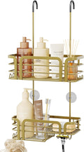 SWTYMIKI Shower Caddy Hanging Organizer - Over the Door Shower Caddy with Soap Holder, 11 Hooks, 2 Installation Ways, Stainless Steel Rustproof Bathroom Organizer, Gold