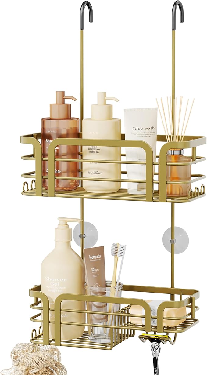 SWTYMIKI Shower Caddy Hanging Organizer - Over the Door Shower Caddy with Soap Holder, 11 Hooks, 2 Installation Ways, Stainless Steel Rustproof Bathroom Organizer, Gold