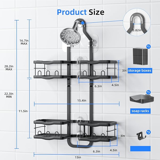 GearFusion Aluminum Hanging Shower Caddy for Handheld Shower Heads | Rustproof Bathroom Organizer Rack, Adjustable Shower Shelf Over the Showerhead Caddy Storage with Hooks Soap Baskets, Black