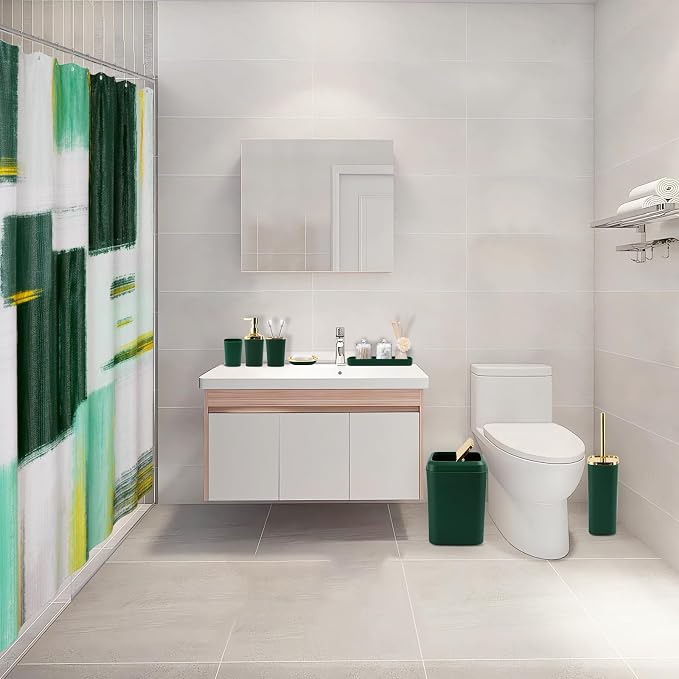 XLHOMO Green and Gold Bathroom Accessories Set, Bathroom Sets with Shower Curtain, Green Bathroom Accessories with Trash Can, Soap Dispenser, Soap Dish, Toilet Brush Holder, Qtip Holders
