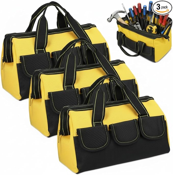 Sanwuta 3 Pack Tool Bag for Men with Waterproof Hard Bottom, Heavy Duty Tool Bag Wide Mouth Tote for Various Instrument, Electrician Carpenter Mechanic(Yellow,16 Inch,Classic)