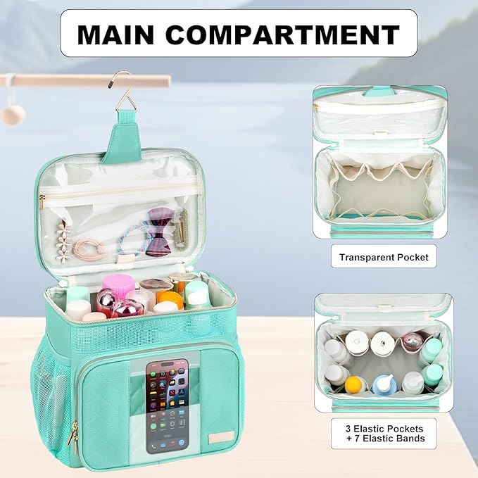 Portable Shower Caddy College Dorm Essentials(Full Size Bottle Compatible), Toiletry Bag for Women Men, Hanging Makeup Organizer Bag for Travel,Gym & Camping, Mint Green