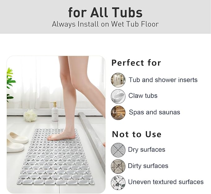 XIYUNTE Shower Mat Non Slip Bathtub Mat - 27 x 16Inches Soft Rubber Bath Mat for Tub Non Slip Bath Mat with Suction Cups and Drain Holes, Easy to Clean, Easy to Cut, Eco-Friendly, Grey