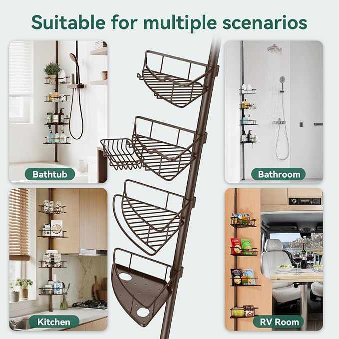 Corner Shower Caddy Tension Pole, 4 Tier Rustproof Shower Tension Rod Organizer, Adjustable 25-125 Inch Bathroom Shower Organizer Shelves for Bathtub Shampoo Storage, Brown