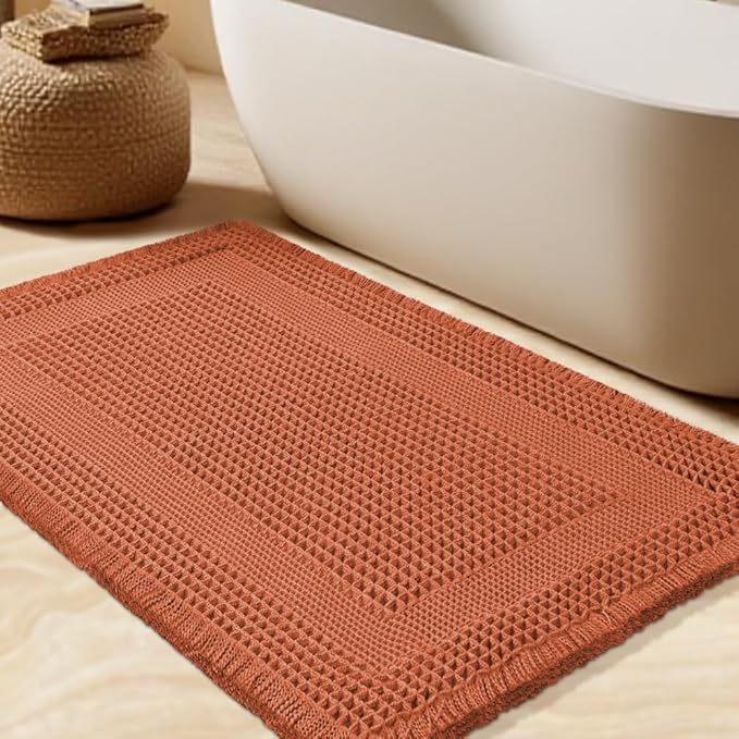 Upgrade Waffle Bath Mat, Boho Bathroom Rugs Absorbent Non Slip, Ultra Soft Bathroom Mat, Machine Washable Knit Bath Rugs with Tassels for Bathroom, Bedroom, Kitchen,Shower,Tub, 32"x20", Burnt Orange