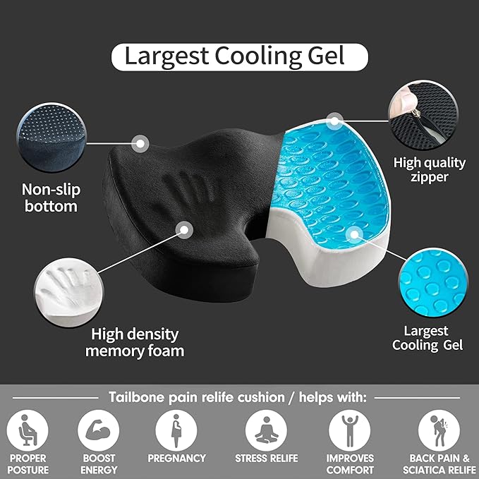 Gel Seat Cushion for Long Sitting - Memory Foam Chair Pillow for Sciatica Pain Relief - Orthopedic Gel & Memory Foam Coccyx Ppad for Tailbone Sick - Office Chair Cushion for Back Pain Grey