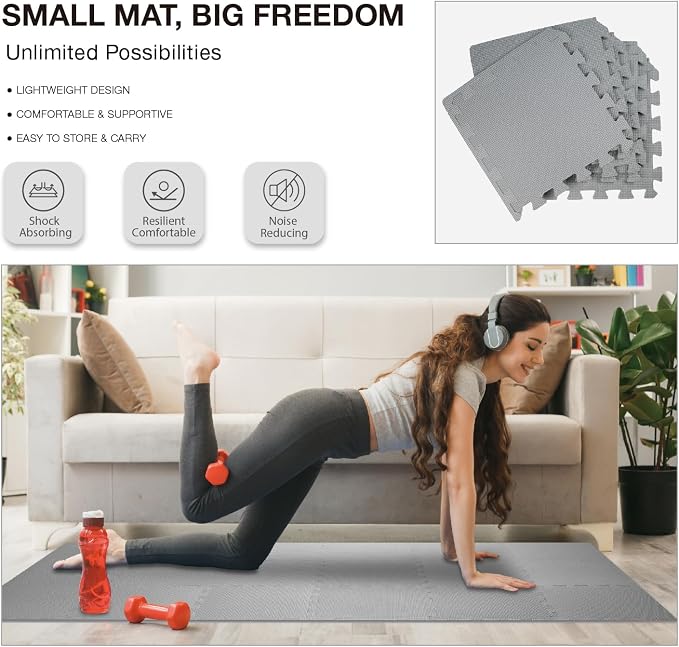 AIRHOP 18 PCS Gym Floor Mat, EVA Foam Puzzle Gym Mat, High-Density Interlocking Foam Floor Tiles for Home Gym, Play Workout Garage Kitchen Flooring 12.6"x12.6"x0.4"