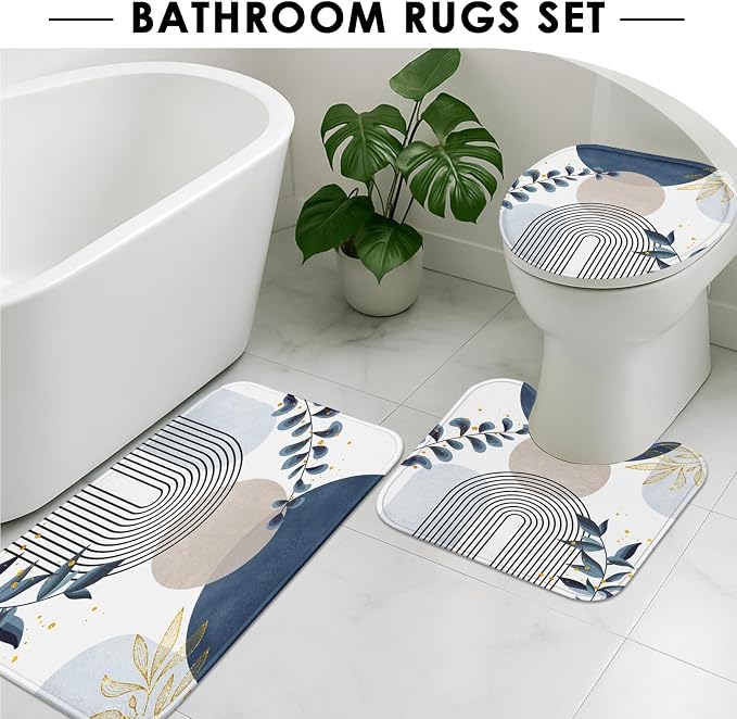 Boho Blue Mid Century Shower Curtain Set with Toilet Lid Cover and Non-Slip Rugs, Abstract Bohemian Gold Leaves Plant 4 Pcs Modern Minimalist Shower Curtain for Bathroom Set with 12 Hooks