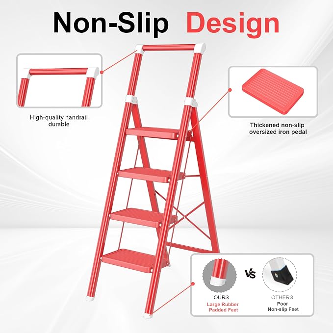 4 Step Ladder, DIAMONDFORGE Folding Step Stool with Wide Anti-Slip Pedal, Anti-Slip Feet and Handgrip, Sturdiest Steel Construction, Steel Ladder for Home, Red White
