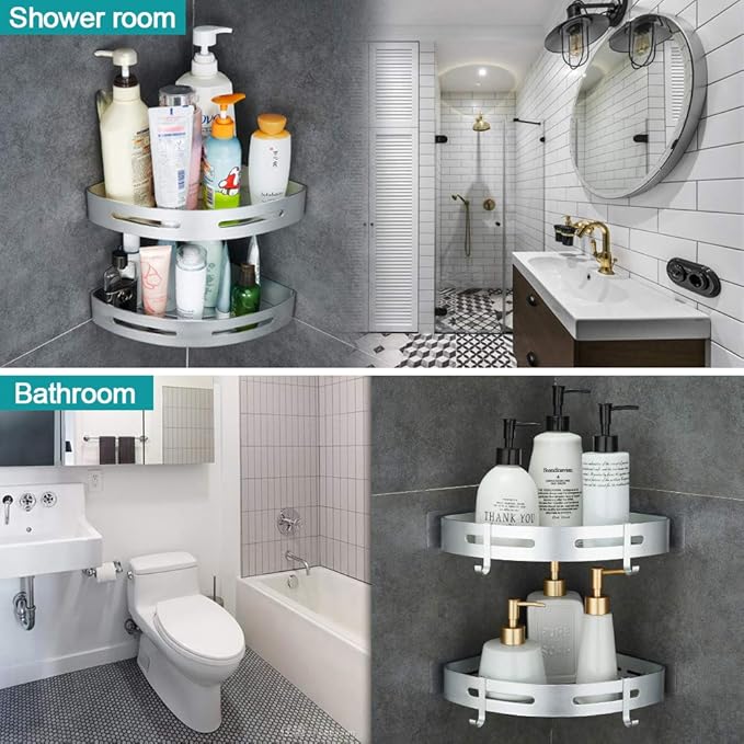 Corner Caddy Bathroom Shower Shelf Wall Mounted No Drilling 2 Tier Storage Shelves Adhesive Triangle Baskets Silver Bathroom Kitchen Storage Basket