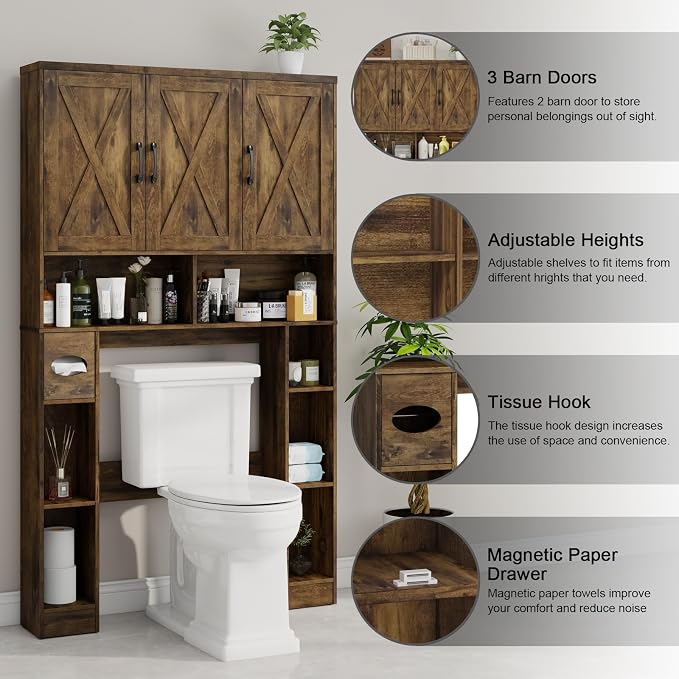 Over The Toilet Storage Cabinet, Farmhouse Toilet Cabinet Rack with 3 Barn Doors, Space Saving Bathroom Organizer with Shelves, Toilet Paper Holder and Towel Rack for Bathroom,Restroom, Dark Brown