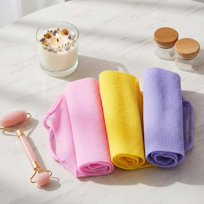 3 Pcs Exfoliating Washcloth with Handles, Double-Sided Back Scrubber Washer for Shower Body Scrub Towel Stretchable Back Washer Shower Towel for Women Bath Showers Exfoliation