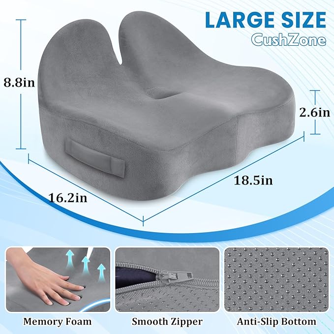 CushZone Seat Cushion, Memory Foam Office Chair Seat Cushion for Office Chairs/Car/Long Trip/Desk Chair/Gaming, Large Size for Sciatica & Hip & Tailbone Pain Relief, Sciatica Support (Light Gray)