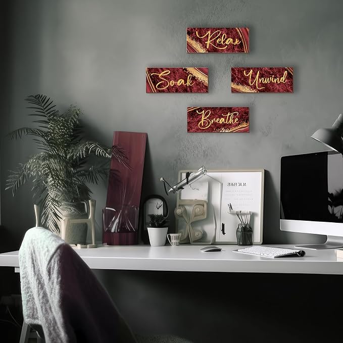 ONIZHITY 4 Pcs Red and Gold Bathroom Decor Red Gold Wall Decor Relax Soak Unwind Breathe Wooden Rustic Red Marble Style Bathroom Accessories for Bedroom Living Room Office Decor (10X4)