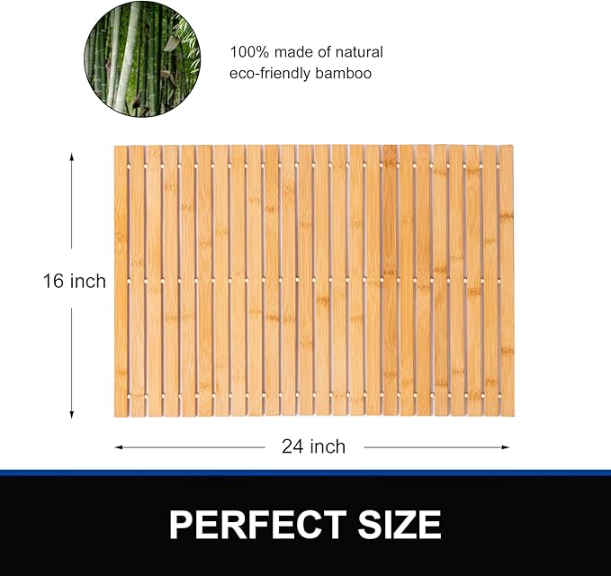 Bamboo Bath Mat Bathroom Rugs Floor Wood Shower Bathtub Waterproof Non Slip Accessories 16x24 Inch Easy to Clean, Natural Bamboo, 1 pc