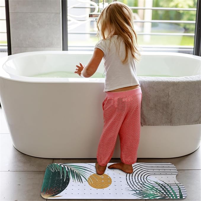 Bathtub Mat Non Slip Boho 40x16in Palm Leaves Extra Long Bohemia Bath Mat for Tub Abstract Art Anti Slip Shower Mat for Bathroom with Large Drain Holes and Suction Cups Quality Bath Mats Decor