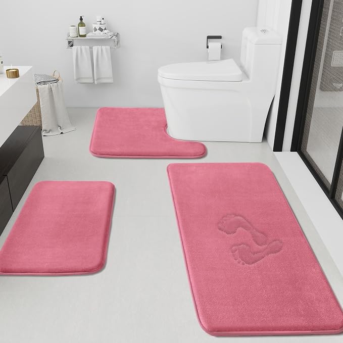 HUXMEYSON Bathroom Rugs Sets 3 Piece, Non-Slip & Quick Dry Bath Mat Set, Ultra Soft Velvet Bath Rugs for Bathroom, Toilet and Shower Floor, Pink
