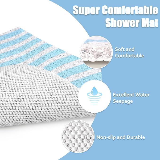 Non Slip Shower Mat, 24x24 Inch, Soft Comfortable Shower Floor Mat with Drain, PVC Loofah Bath Mat for Shower, Bathroom and Wet Areas, Quick Drying Easy Cleaning