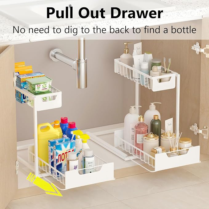 Ceetug Under Kitchen Sink Organizers and Storage Pull Out 2 Tier Metal Bathroom Cabinet Organizer (White, 2 Pack)