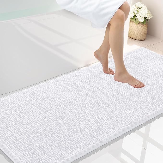 Smiry Luxury Chenille Bathroom Rugs 59x24, Extra Soft and Absorbent Shaggy Bath Mat, Machine Washable, Non-Slip Plush Carpet Runner for Tub, Shower, and Floor, Home Decor Accessories, White