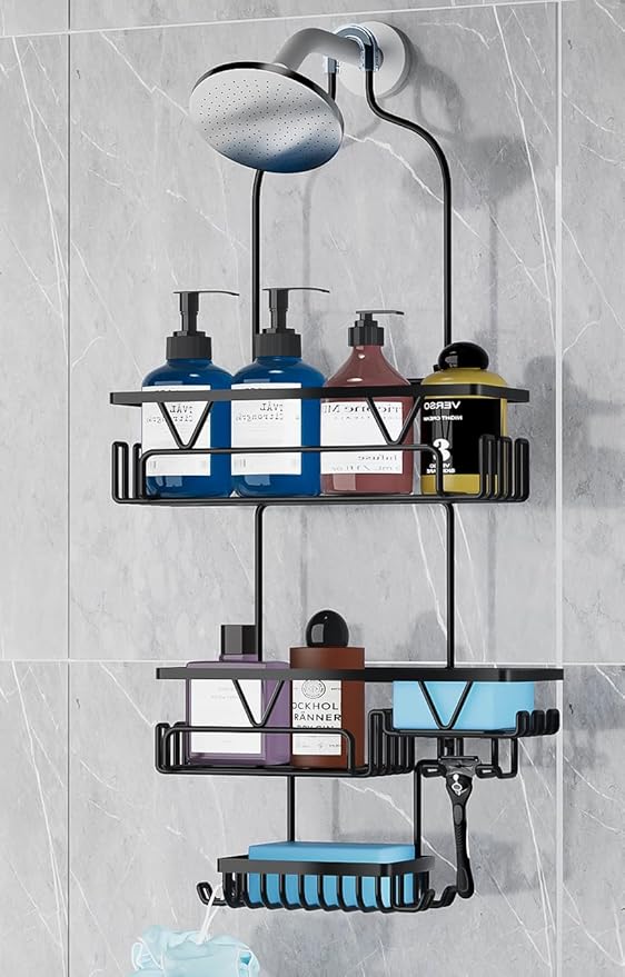 DAOYA Over the Shower Head Caddy with 2 Baskets & Soap Holder, Non-Slip Design for 0.82-Inch Showers, Black, Stainless Steel