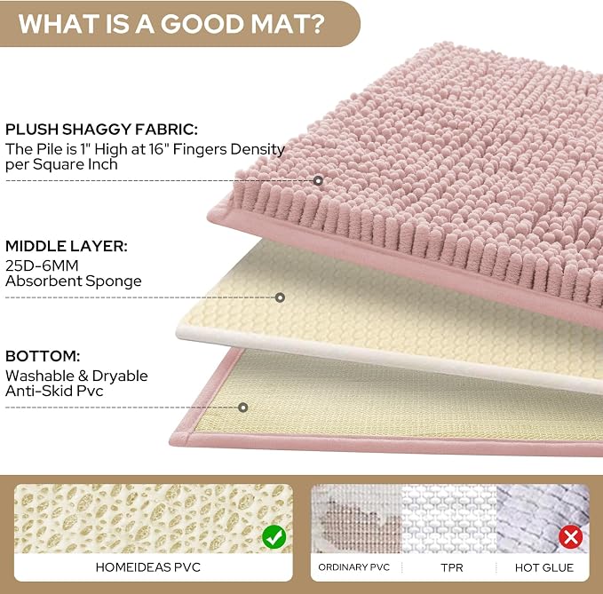 HOMEIDEAS 3 Pieces Bathroom Rugs, Extra Large Ultra Soft Non Slip Absorbent Chenille Toilet Bath Mat Set (Dusty Pink)