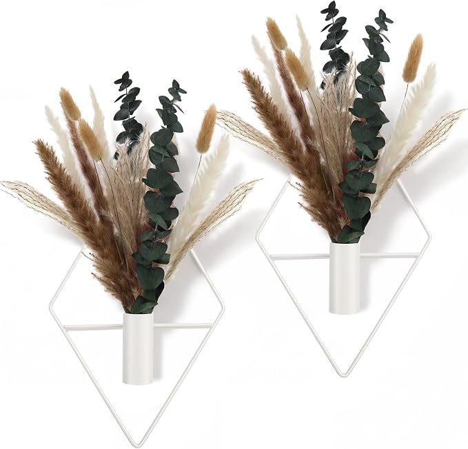 Jexine 4 Pcs Hanging Planters with Artificial Pampas Eucalyptus Metal Hanging Vase Indoor Plants Holder Modern Geometric Boho Bathroom Wall Decor for Living Room Home Office, Matte White