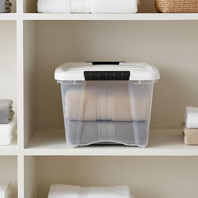 IRIS USA 19 Qt Stackable Plastic Storage Bins with Lids, 6 Pack - BPA-Free, Made in USA - See-Through Organizing Solution, Latches, Durable Nestable Containers, Secure Pull Handle - Clear/White