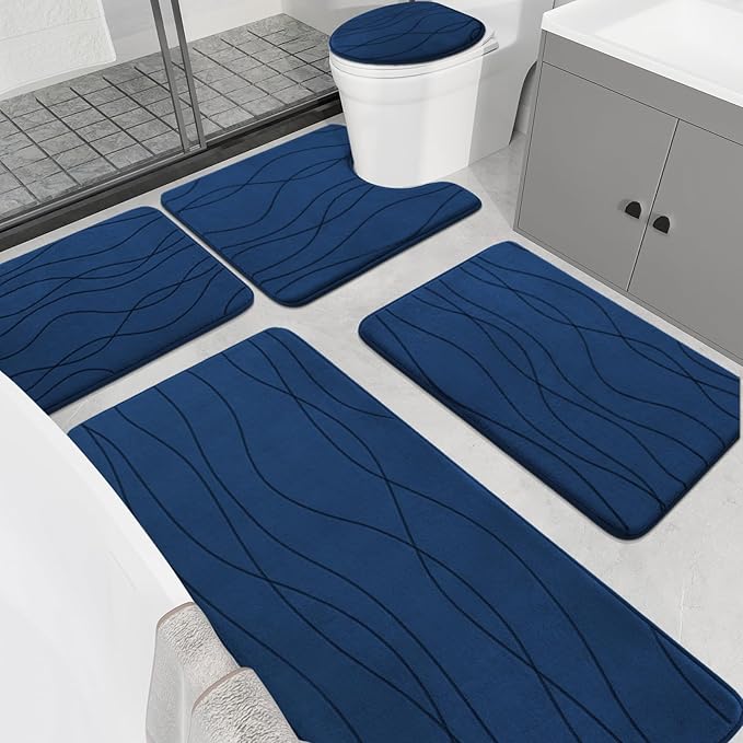 YIHOUSE Memory Foam Bathroom Rug Sets, Navy Blue, 5 Piece | Ultra Soft, Absorbent, Non-Slip, Machine Washable