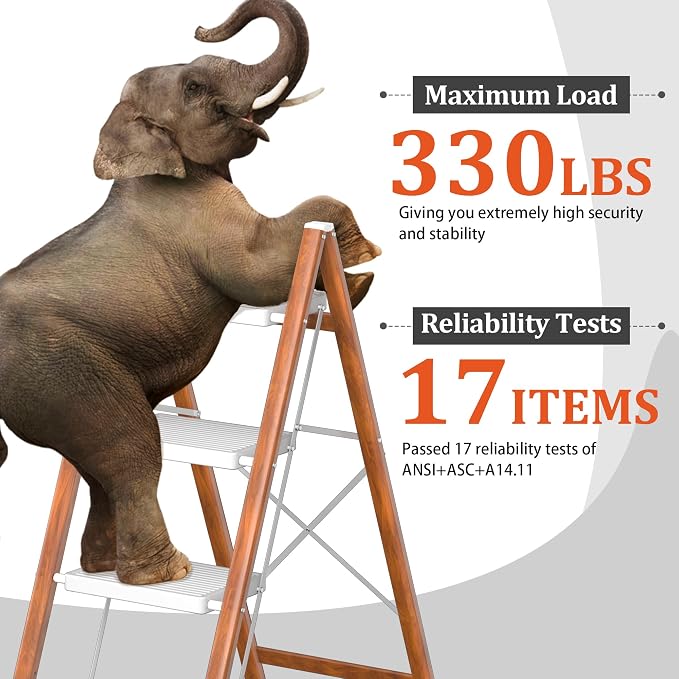 DIAMONDFORGE 4 Step Ladder, Lightweight Folding Step with Wide Anti-Slip Pedal & Feet, 330 lbs Capacity,Sturdy Steel Step Ladder for Home,Office and Library,Light Woodgrain