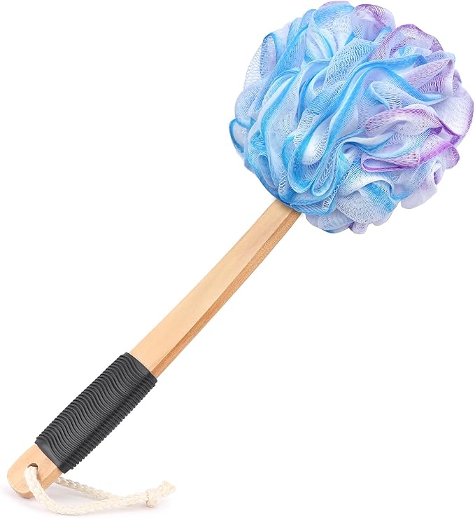 Loofah on a Stick PE Soft Mesh Luffa with Non-Slip Wooden Handle Made of Soft and Sturdy Rubber Material Back Scrubber for Shower for Women and Men with String for Easy Hanging(Purple Blue White)