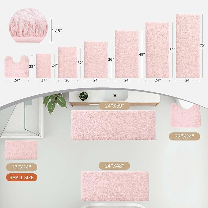 Disolla Bathroom Runner Rug 24x70 Non Slip Fluffy Long Bath Mat for Bathroom Floor Washable Plush Luxury Bath Rug for Tub Absorbent Shower Sink Mat Bedside Rug, Sakura Pink