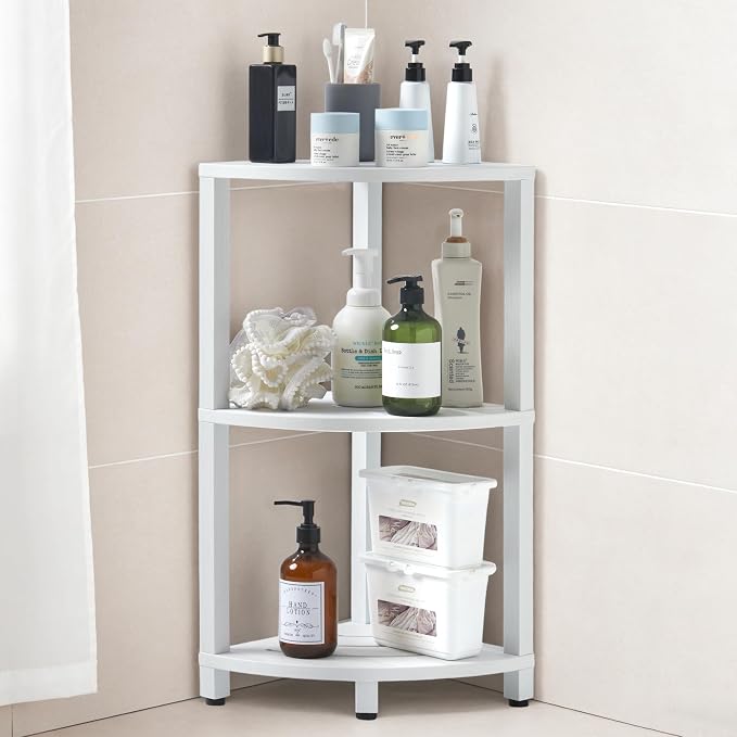 HDPS 3 Tier Floor Standing Corner Shower Caddy Organizer Shelf, Detachable Stool & Foot Rest,Waterproof & Durable Bathroom Shelves Stand Rack with Anti-Slip Feet, Space-Saving Design Storage