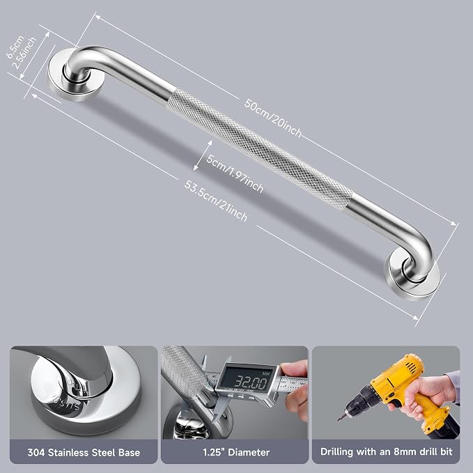 20 Inch Shower Grab Bar 1.25" Dia,Brushed Nickel Anti Slip Bathroom Grab Bar, 304 Stainless Steel Knurled Handicap Grab Bars, Safety Support Handrail, Bath Shower Handle for Elderly Injury Senior