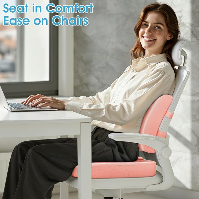 CushZone Ergonomic Seat Cushion & Lumbar Support Pillow - Memory Foam for Sciatica Pain Relief & Posture Correction, Non-Slip Chair Cushions for Office Chair/Car/Wheelchair/Travel (Pink)