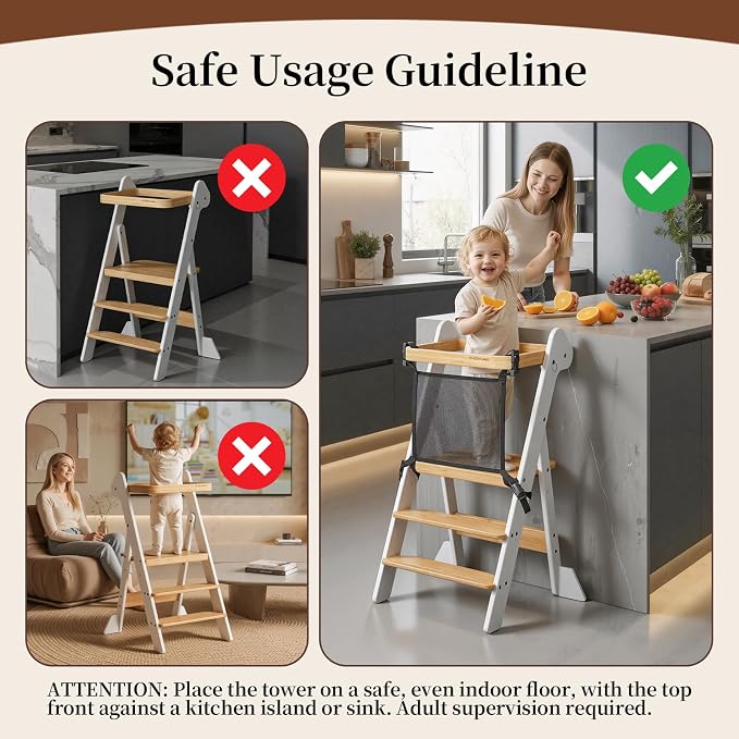 COSYLAND Foldable Standing Tower – IF Design Awarded Toddler Kitchen Step Stool with Safety Net & Large Side Support Legs– Height Adjustable Toddler Learning Helper Stool (White & Natural)-Foldi