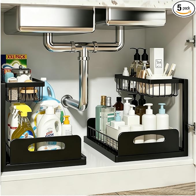 2 Pack Upgraded Under Sink Organizer, 2 Tier Pull out Kitchen Cabinet Organizer Metal Slide out Bathroom Organizers and Storage Makeup Drawer Organizer for Office Bedroom Restroom Living Room, L-Black