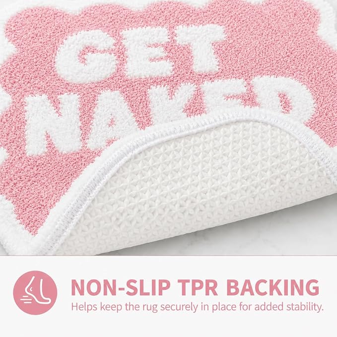 Scalloped Pink Bath Rug, Get Naked Cute Bathroom Rug, Soft Absorbent Quick Dry Bath Mat, TPR Non Slip Backing, Microfiber Mat for Shower Tub Sink Vanity 20" x 31.5"