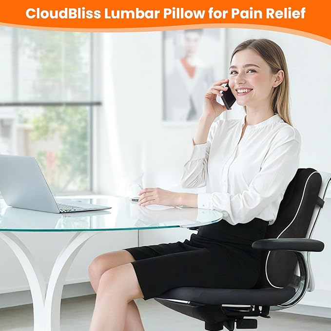CloudBliss Ergonomic Lumbar Support Pillow – Memory Foam for Lower Back Pain Relief, Adjustable Straps & Mesh Cover for Office, Gaming, Car Seat & Home Essentials (Black)
