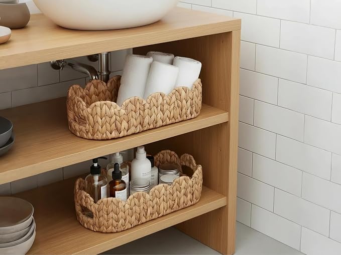Coeusy 2 Pack Toilet Baskets,Scalloped Edge Wicker Basket for Toilet Paper Storage,Small Baskets for Bathroom,Living Room,Countertop, Shelves,Both Organizer&Decor,Natural Water Hyacinth