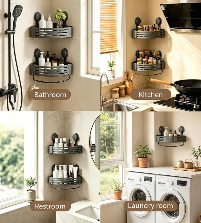 LOOCH 3 Pack Plastic Corner Shower Caddy with Twist-Lock Suction Cups & a Pre-Applied Adhesive Layer, The No-Drill Shower Organizer with Towel Bar & Drain Holes for Bathroom Storage & Decor（Grey）